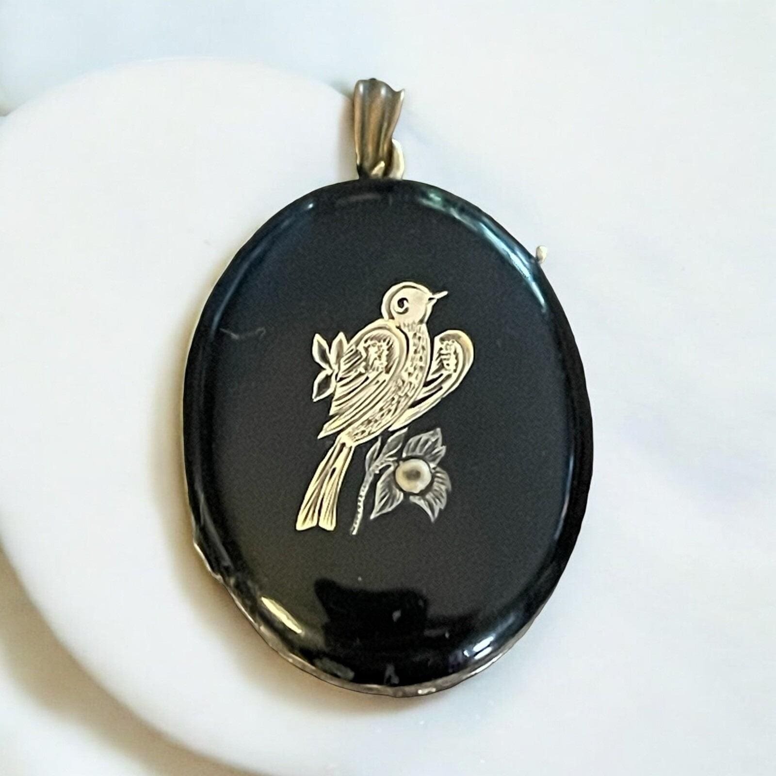 Antique Victorian Black Enamel Bird Mourning Locket Pendant- Woman's Photo Read